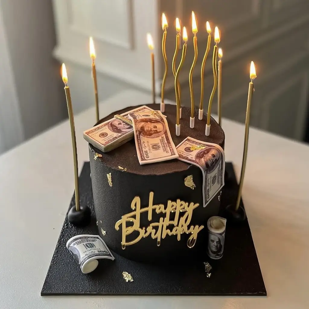 Siyah renkli, altın detaylı, dolar temalı, yanan mumlu ve Happy Birthday yazılı yuvarlak doğum günü pastası.