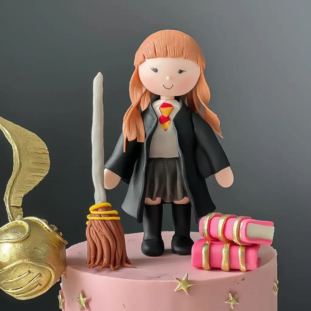 Siyah cübbeli, kızıl saçlı Hermione Granger fondant figürü, süpürge, altın snitch ve pembe kitaplarla detaylandırılmış.